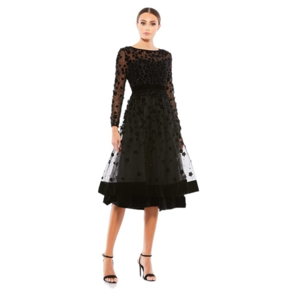 Mac Duggal Embellished Illusion High Neck Long Sleeve Fit & Flare Dress